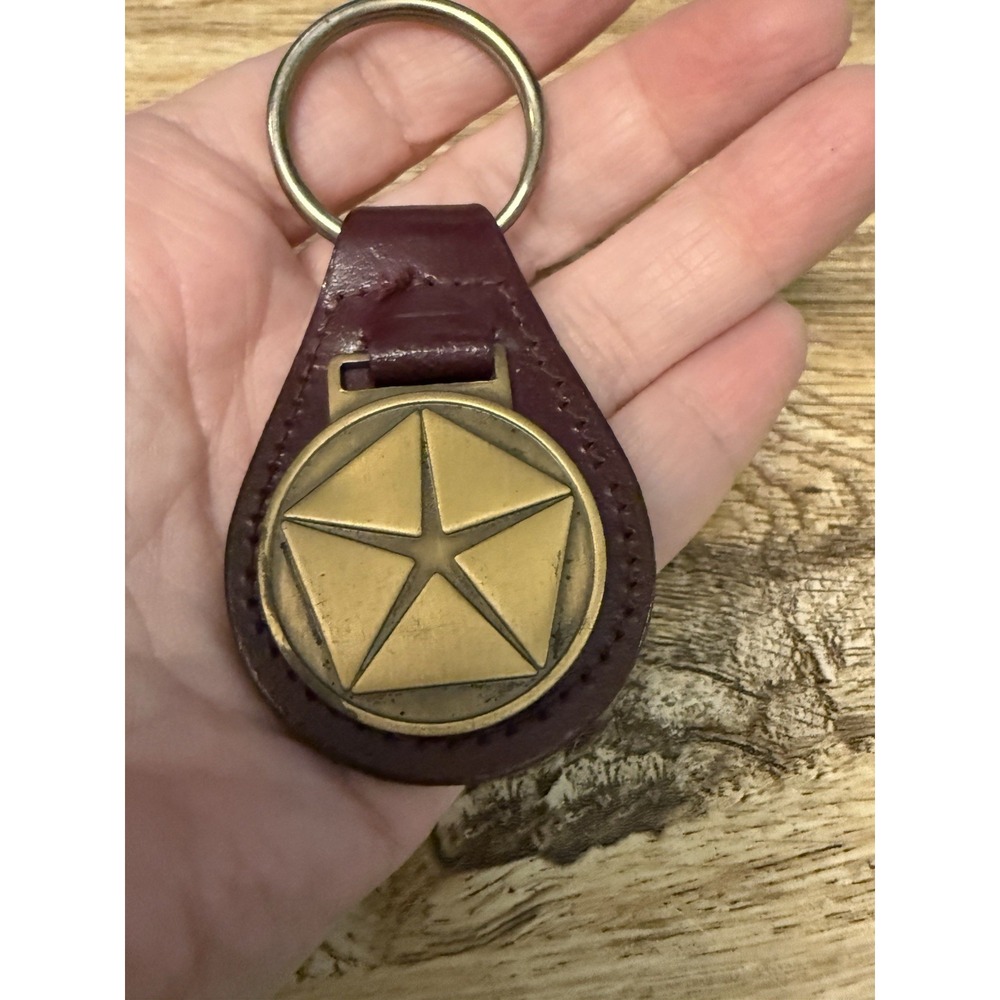 Vintage Chrysler Pentastar VIP Leather Brass Mail Drop Key Fob Mopar Burgundy